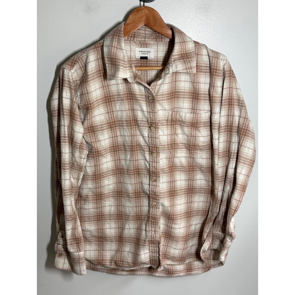American Eagle Plaid Flannel Shirt Womens Medium Brown Cream Button Down Top